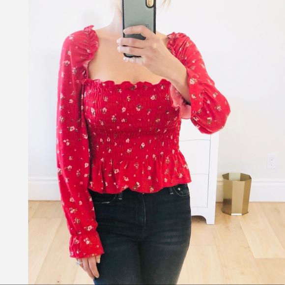 Long Sleeve Red Floral Print Ruffle Top - Picture 3 of 9